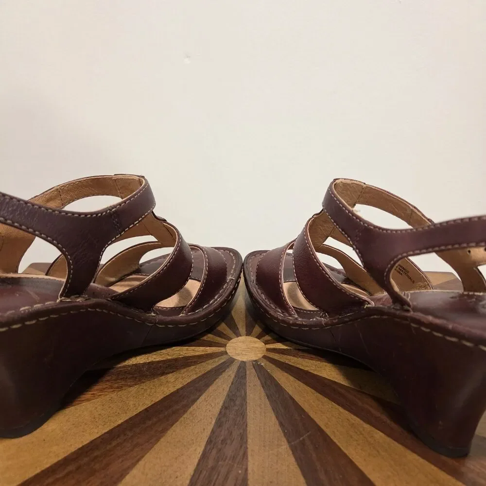 BORN Caged T-Strap Wedge Heeled Sandals US 7 Brown Leather Strappy Boho Hippie